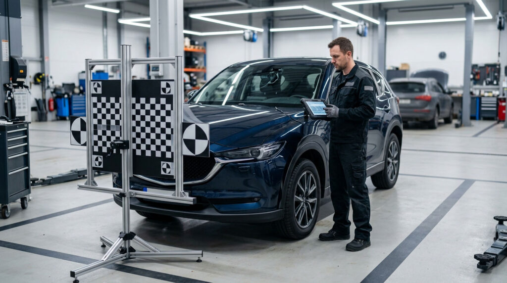 Technician performing ADAS calibration after windshield replacement