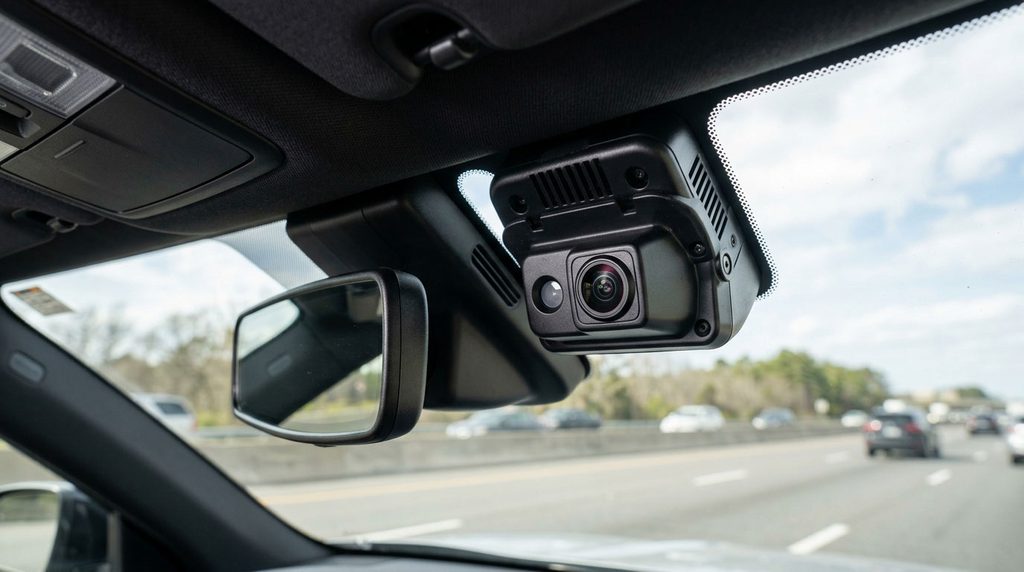 Forward-facing ADAS camera mounted behind a modern car windshield