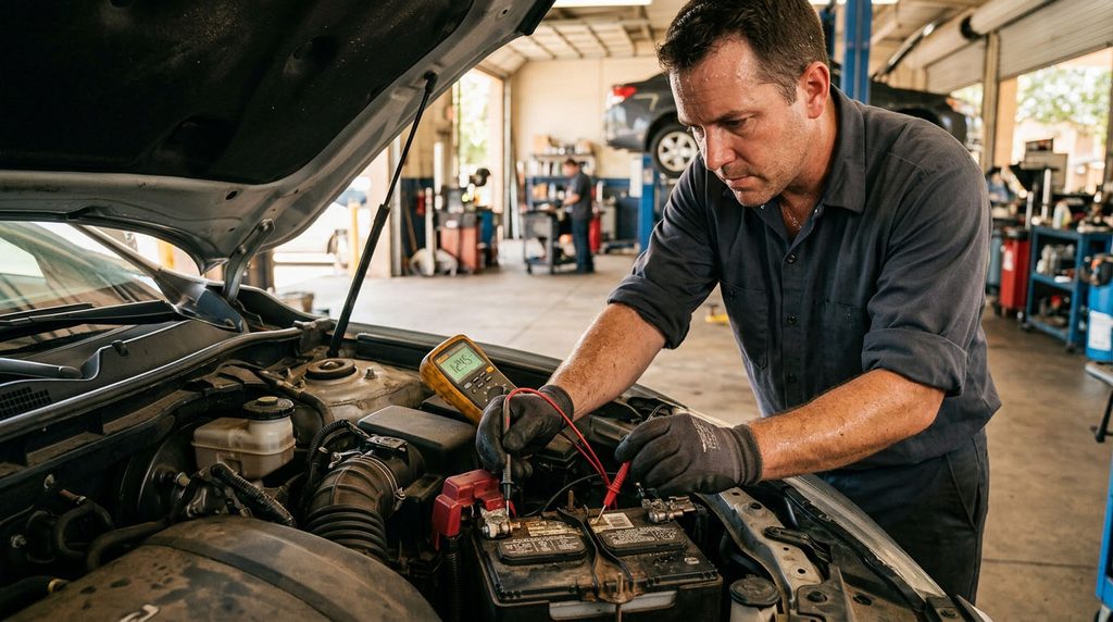 Technician testing a car battery during hot weather maintenance