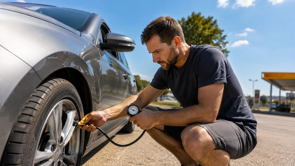 Driver checking tire pressure with a pressure gauge on a parked vehicle as part of routine tire maintenance and safety inspection.
