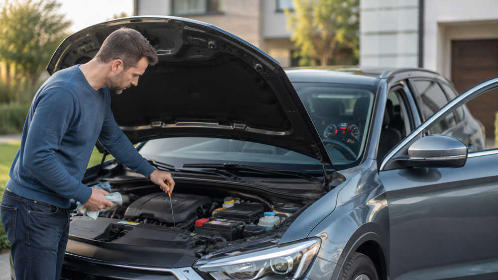 Person checking engine oil with a dipstick under the hood of a vehicle during routine car maintenance at home.