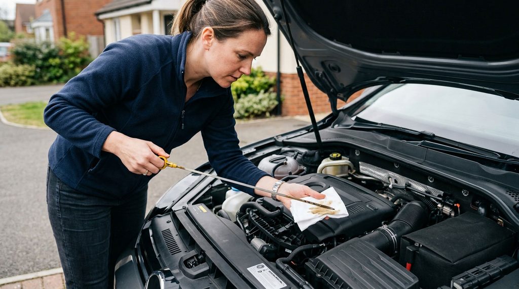 Driver checking engine oil level with a dipstick