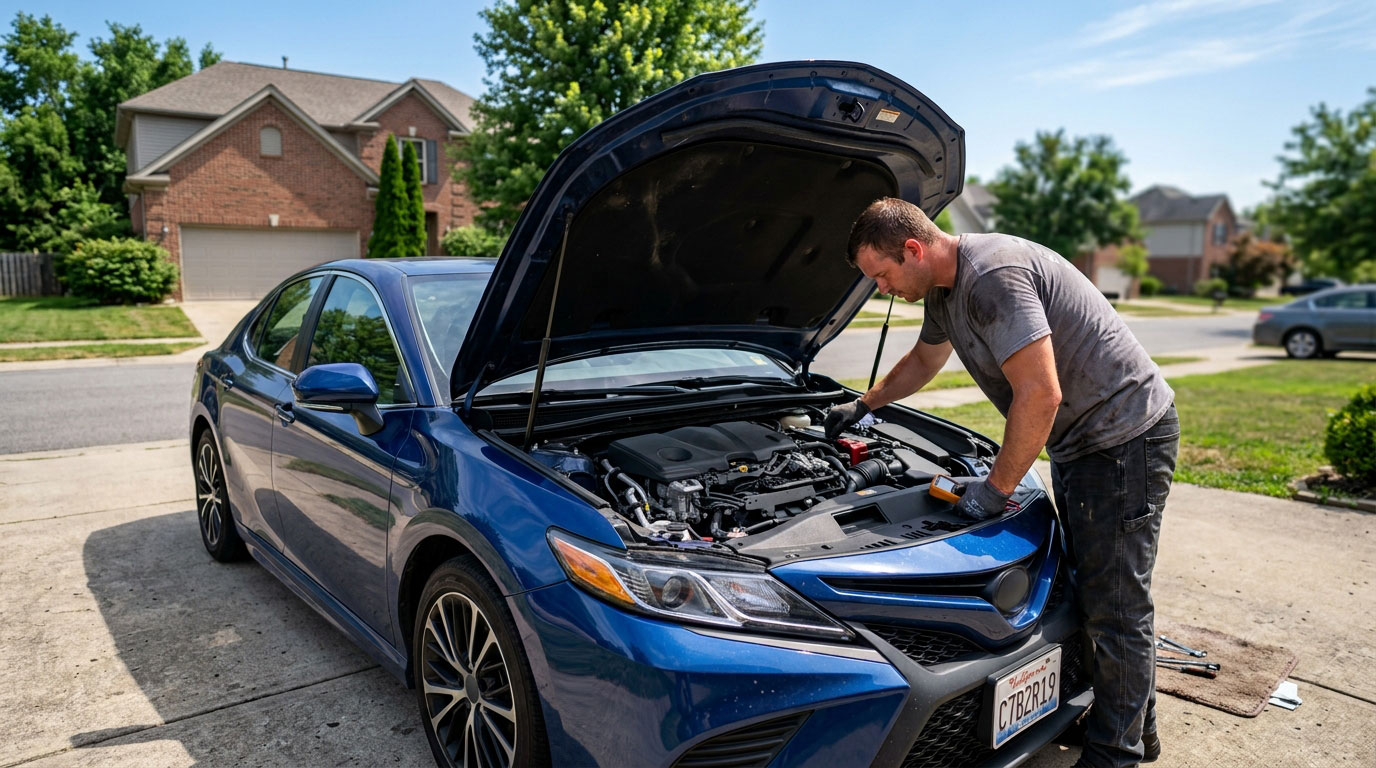 Driver checking car battery and engine fluids during extreme summer heat