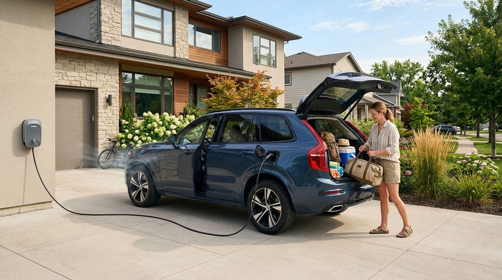Electric vehicle plugged in before a hot-weather summer drive