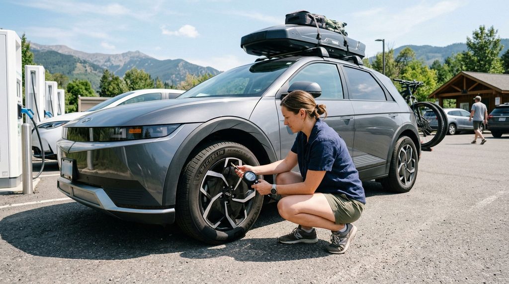 EV driver checking tire pressure before a hot-weather road trip