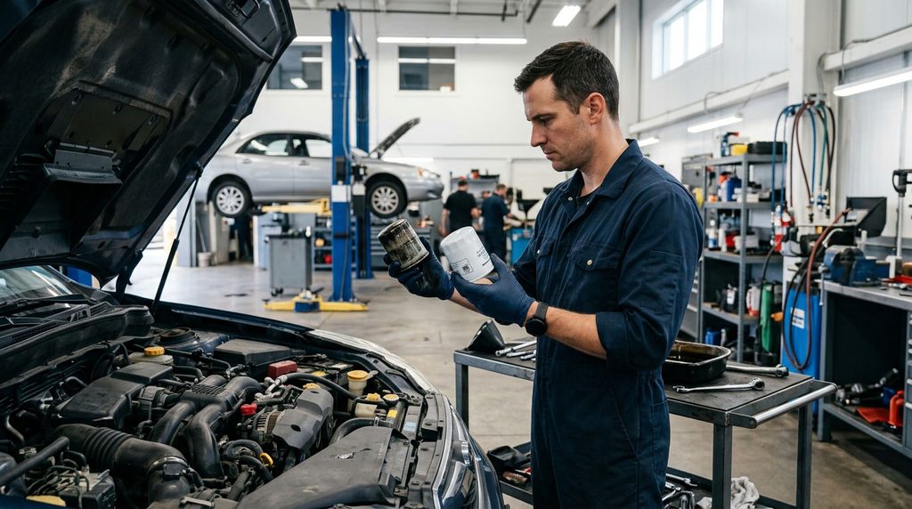 Mechanic comparing new and used engine oil filters