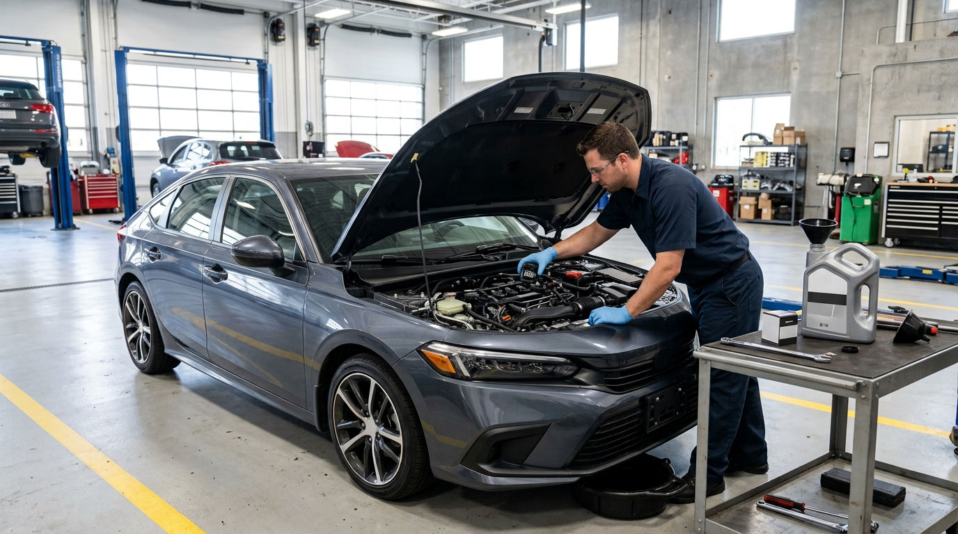 Technician performing an oil change on a modern passenger car