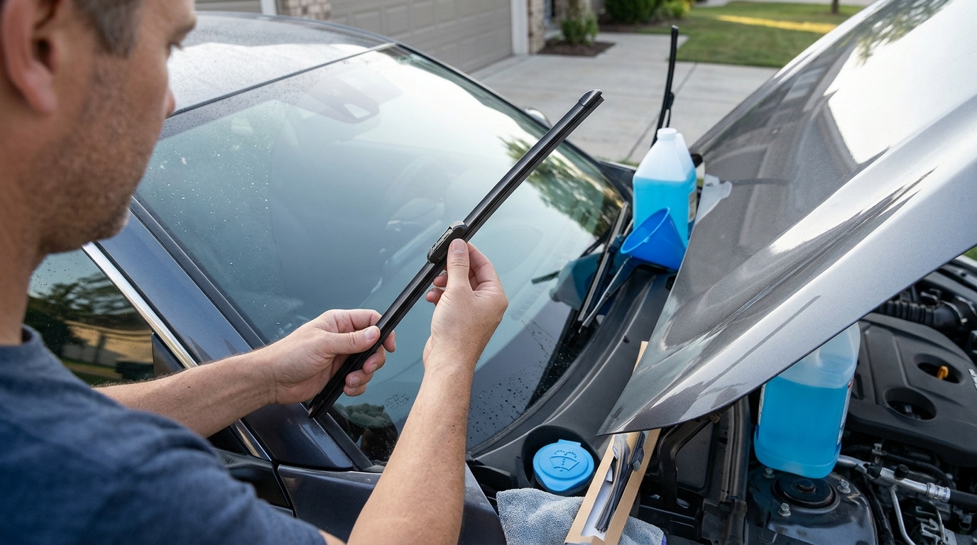 Driver inspecting windshield wipers and washer fluid before foggy winter driving