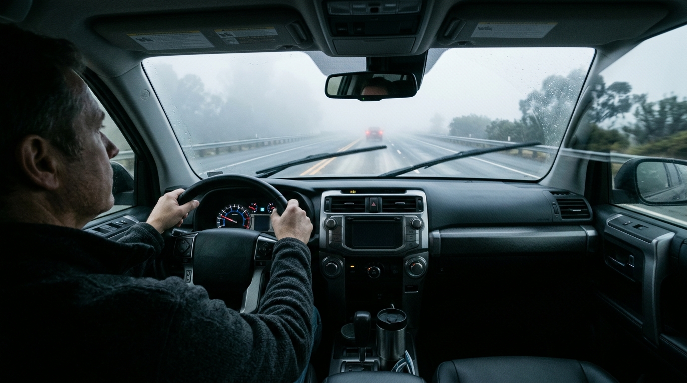 Driver using low-beam headlights and safe following distance during dense fog