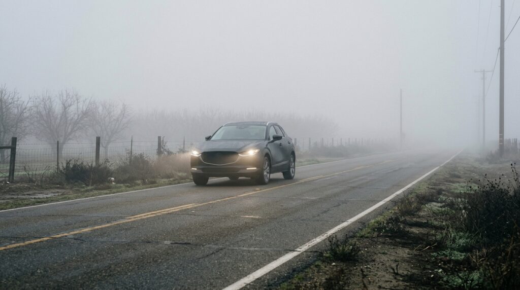 Vehicle driving cautiously through dense tule fog on a California road using low-beam headlights