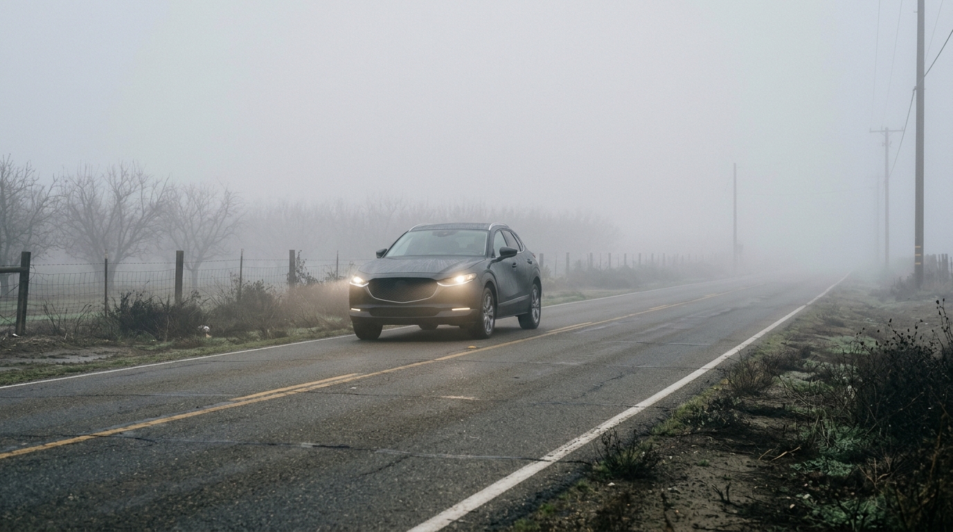 Vehicle driving cautiously through dense tule fog on a California road using low-beam headlights